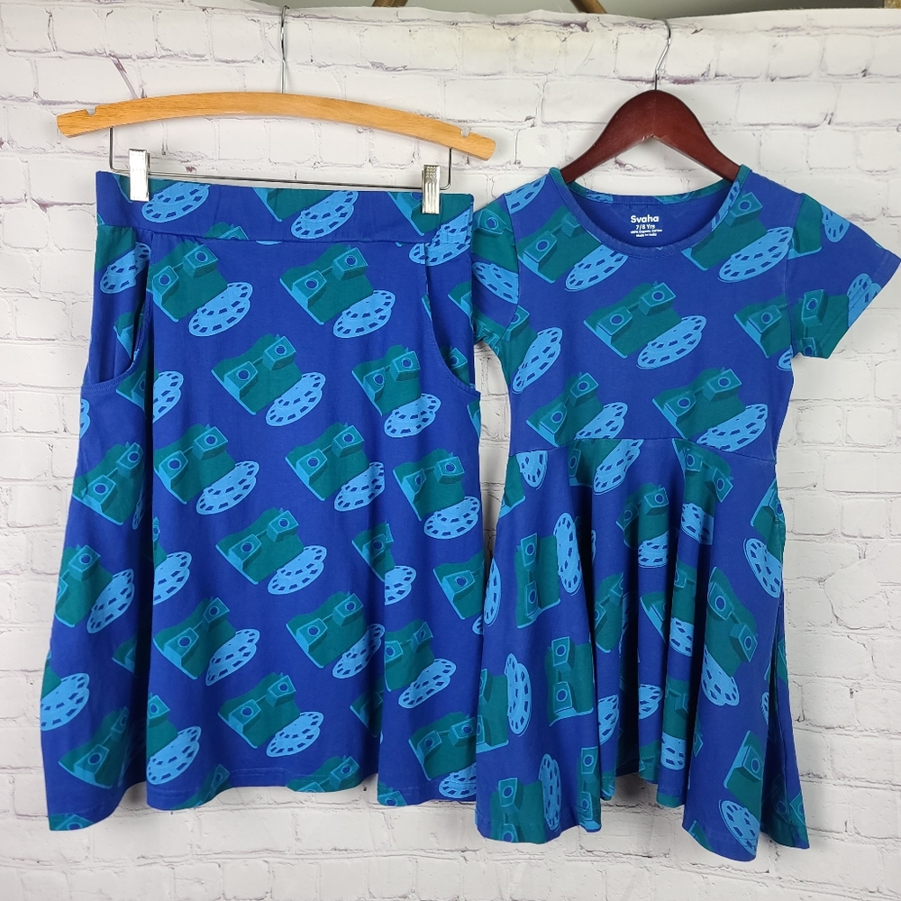 Svaha Mother Skirt Sz M Daughter Dress Sz 7/8 Set. View Master print.